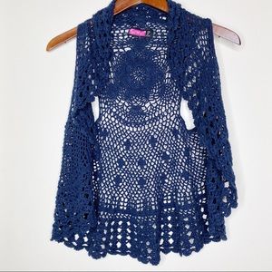 SAY WHAT crochet crop top open front blue cardigan